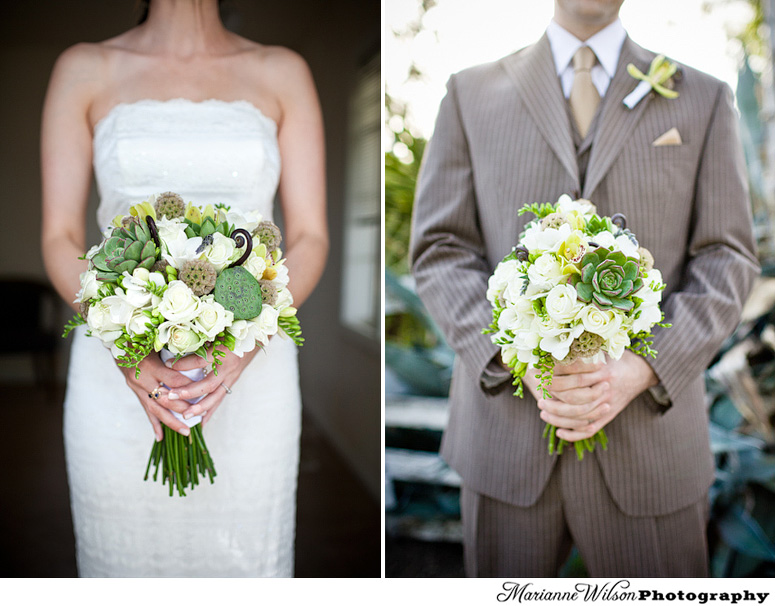 bride and groom hold succulent bouquet