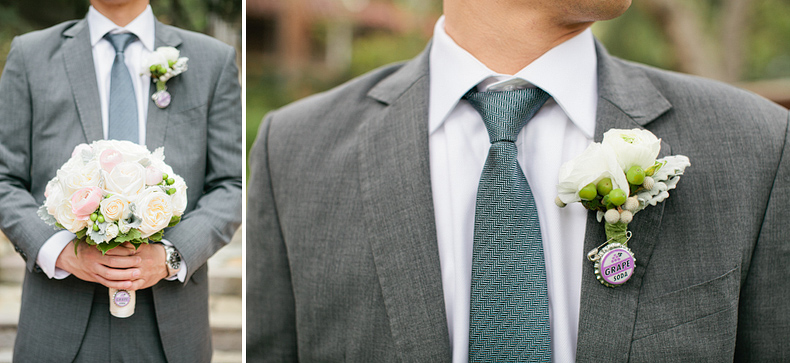 Grape soda cap pin on groom from UP