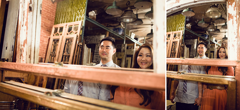 antique store engagement session, reflection photo