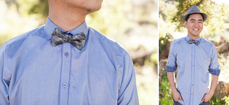 Engagement session with a bow tie and hat