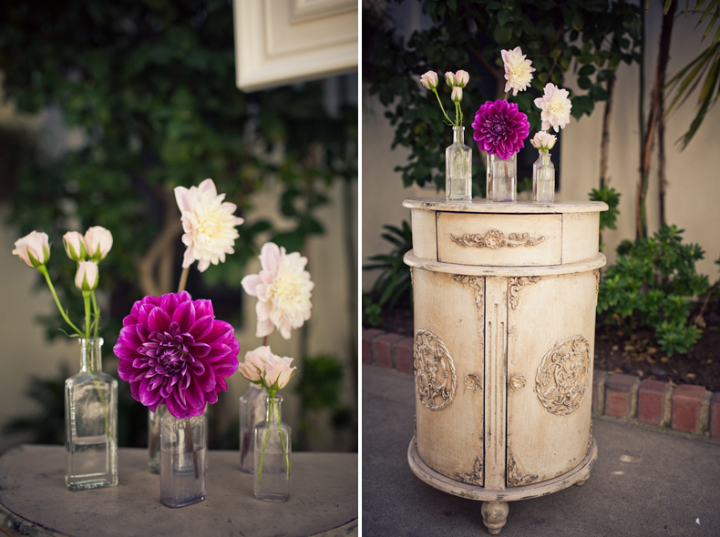 flowers in mismatched bottles