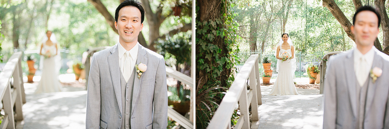 This is a photo of the bride and groom first look on a bridge.