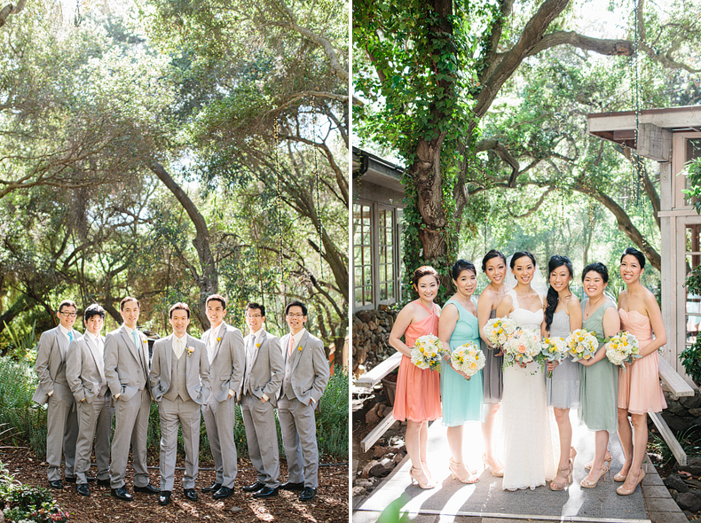 These are bridal party photos of groom and groomsmen and bride and bridesmaids.