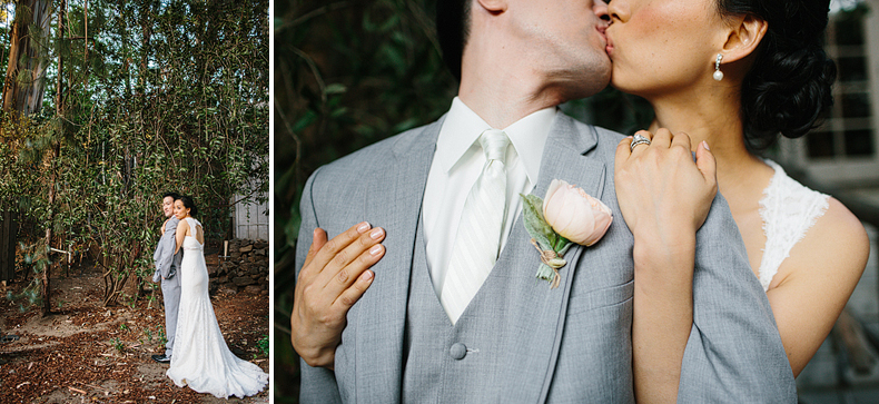 This is a bride and groom photo in front of bushes.