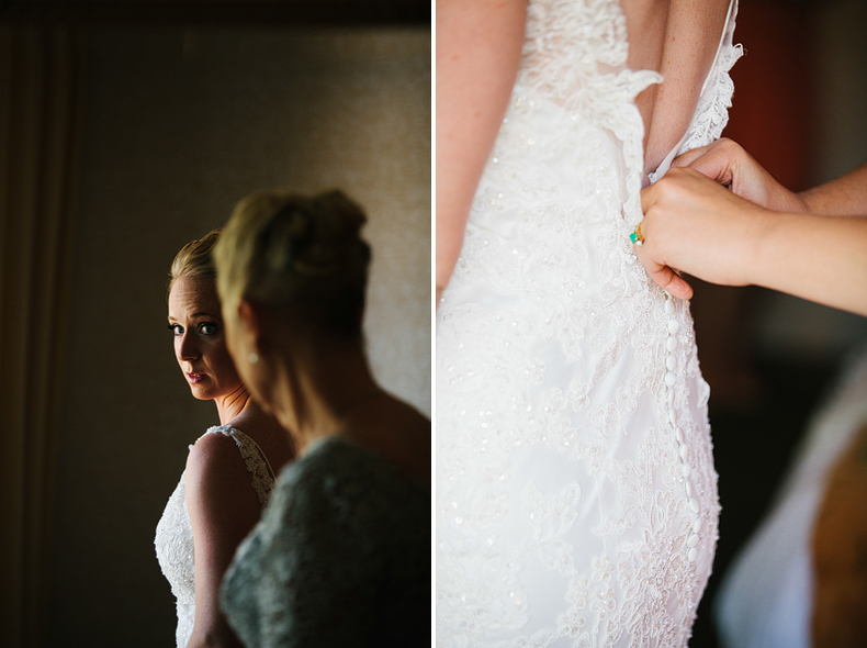 This is a moody and contrast-ey photo of the bride while she is putting on her dress next to a close-up of someone buttoning up her dress for her.