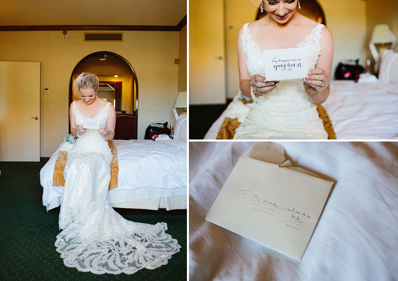 These are photos of the bride reading a card from the groom during getting ready time.