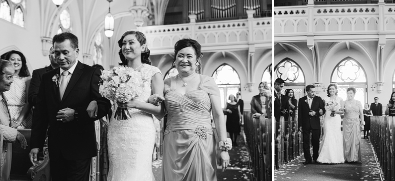 This is a photo of the bride walking down the aisle at the church.