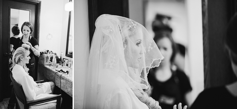 These are photos of the Bride getting her hair done and her veil put on.
