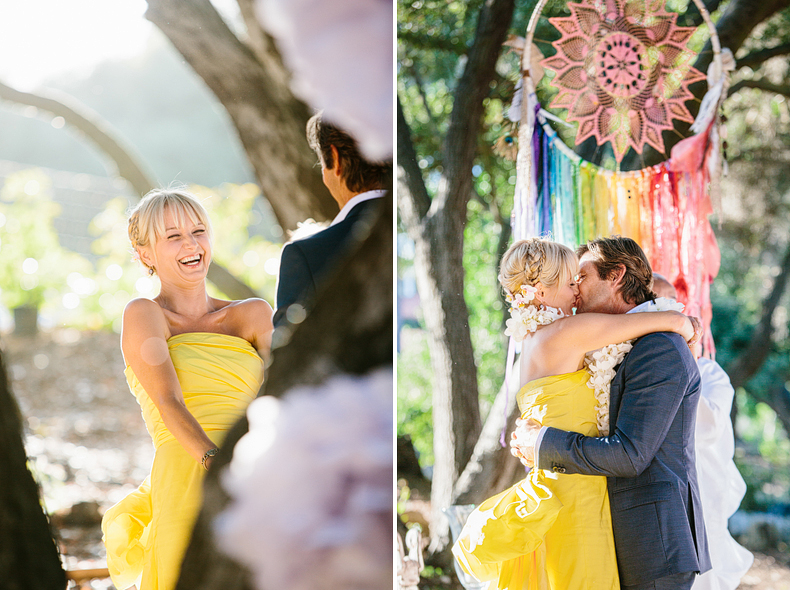 oak grove wedding ceremony and first kiss with rainbow dream catcher