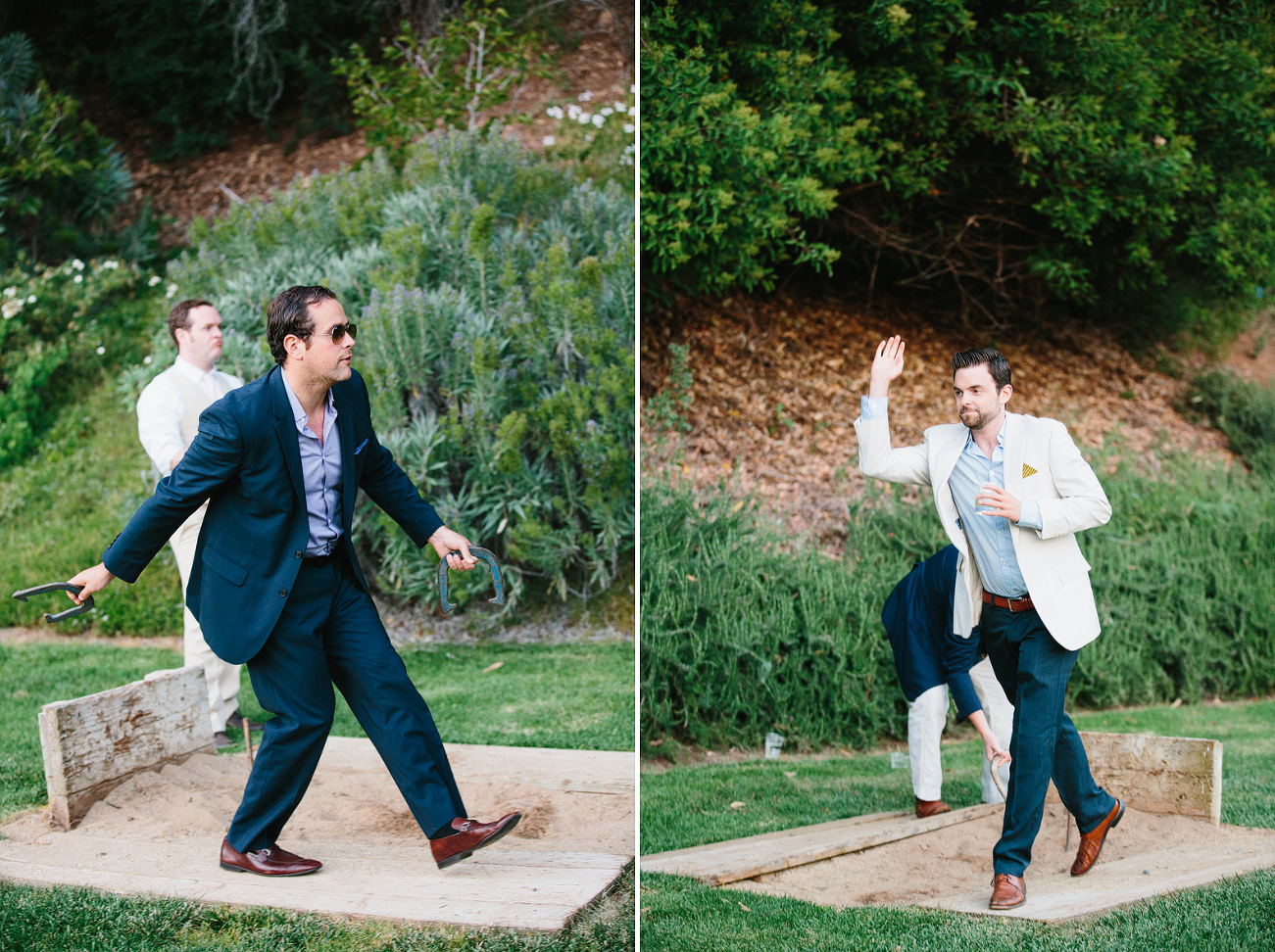 These are some candid photos of guests playing horse shoes from Jess and Drew