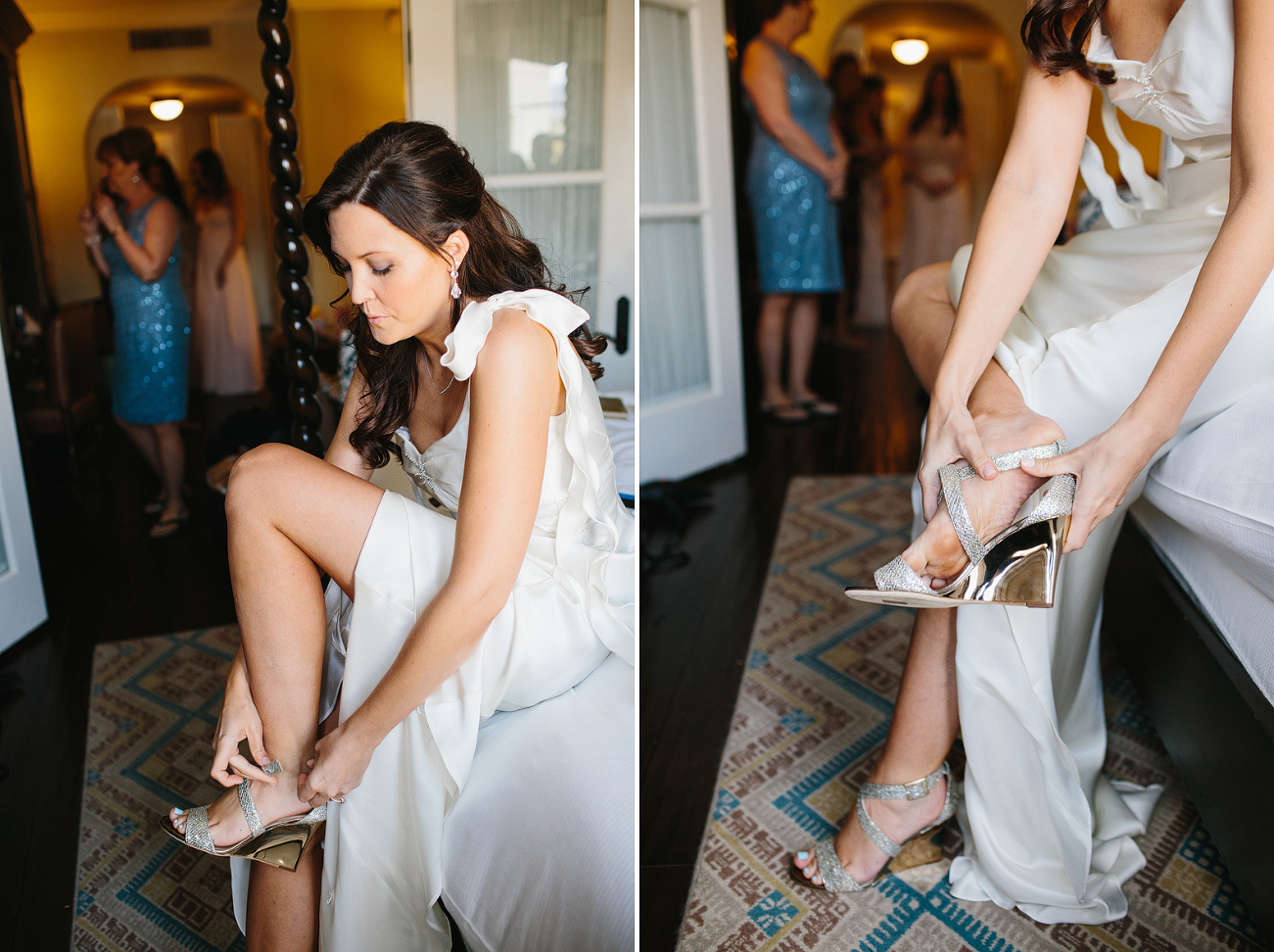 The bride putting on her Jimmy Choo wedges. 
