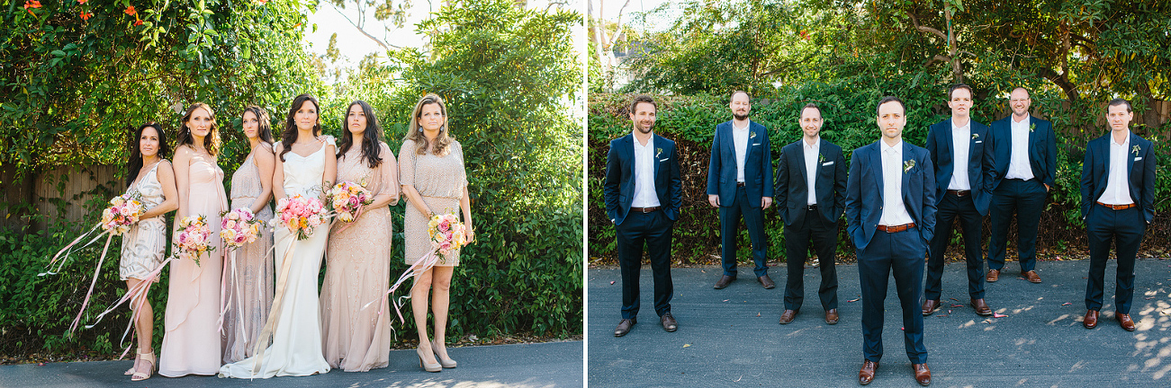 The bride with her bridesmaids and the groom with his groomsmen. 