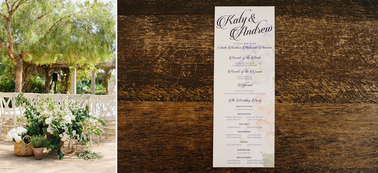The ceremony program on a piece of wood and ceremony flowers. 