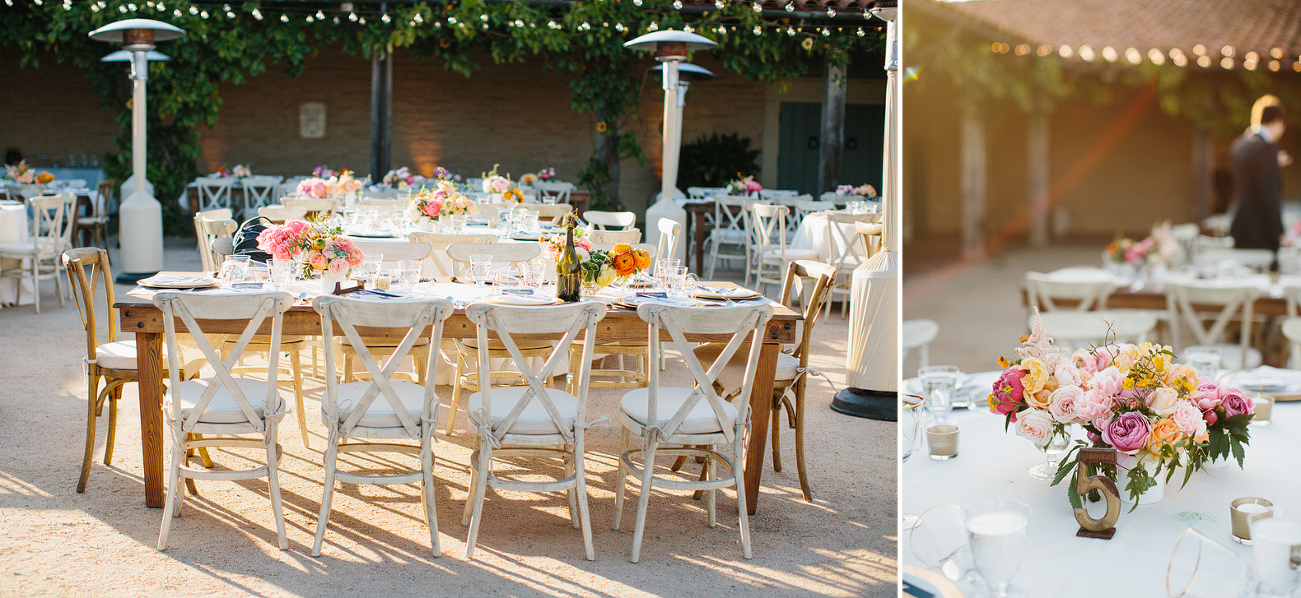 A reception with a mix of wood tables and cream linen table cloths. 