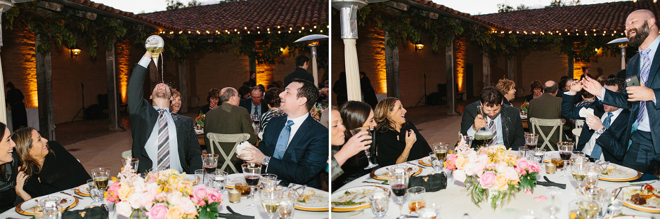 A guest spilling the champagne out of the vessel on his head. 