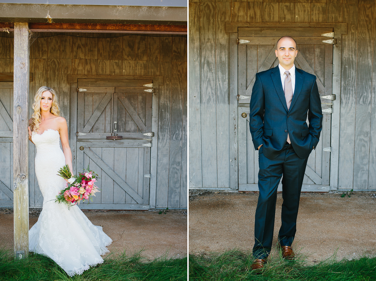 These are individual portrait photos of the bride and groom in front of a barn. 