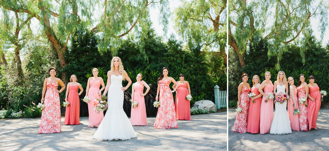 The bridesmaids wore bright pink dresses. 