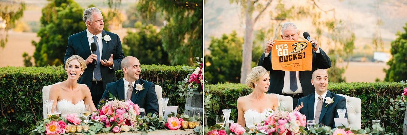 During the father of the bride speech, he gave the groom a Ducks towel. 