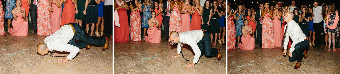 During the reception, the groom did the worm and took a shot. 