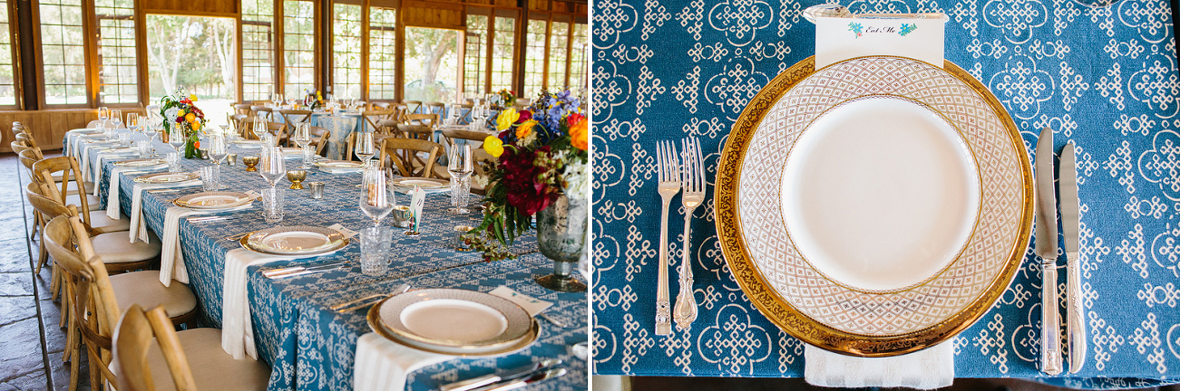 The couple had beautiful blue tablecloths and gold plates. 