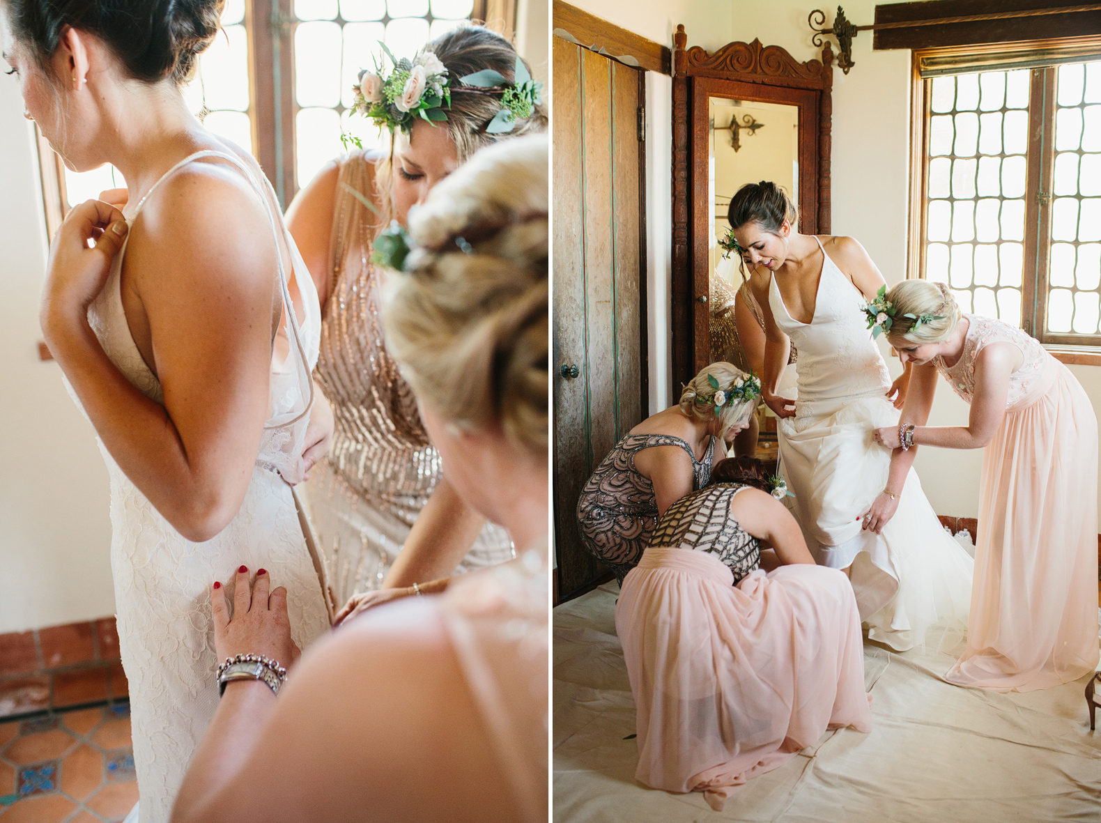 Photos of Emily's bridesmaids helping her get dressed. 