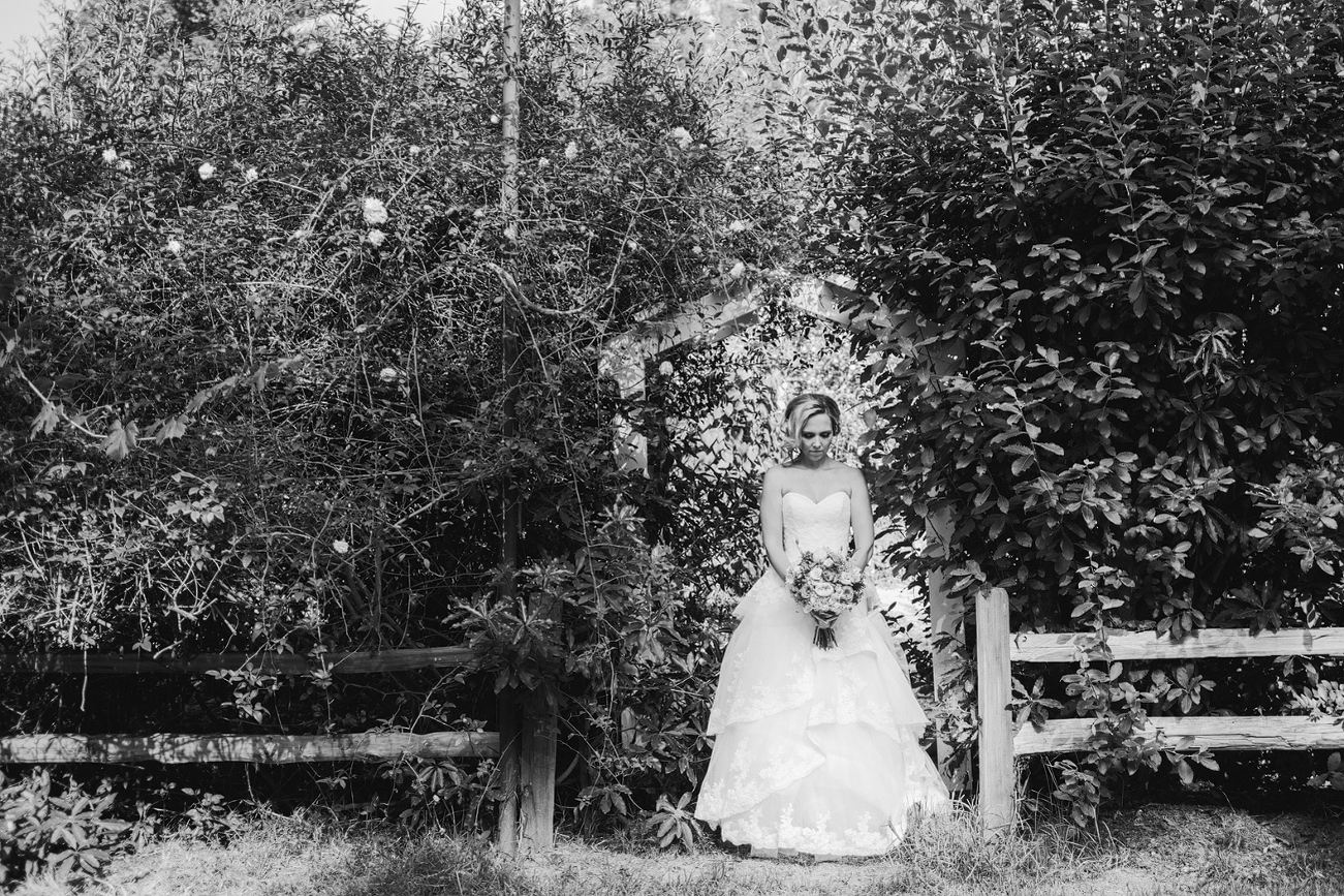 The bride in a rustic archway. 