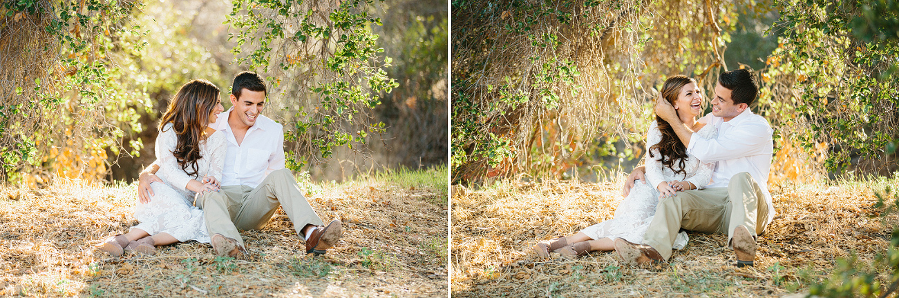 Sara and Sam laughing during their engagement session.