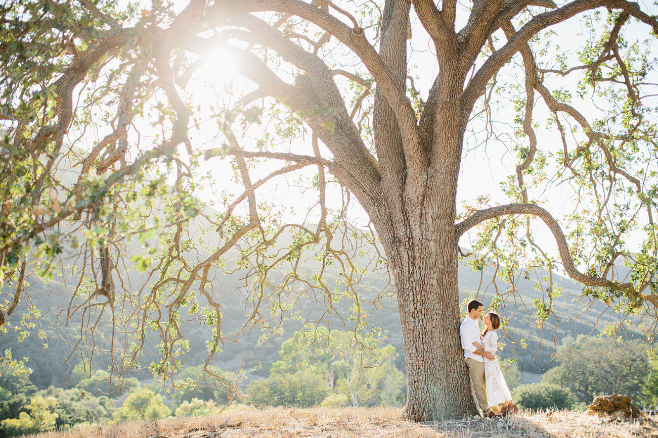 The couple next to a large tree. 