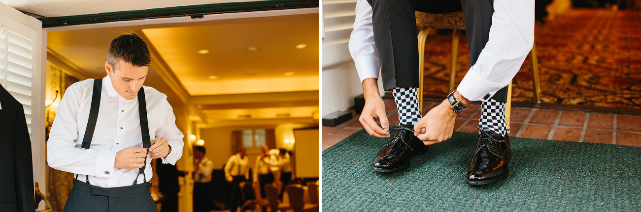 Nick putting on his suspenders and shoes. 