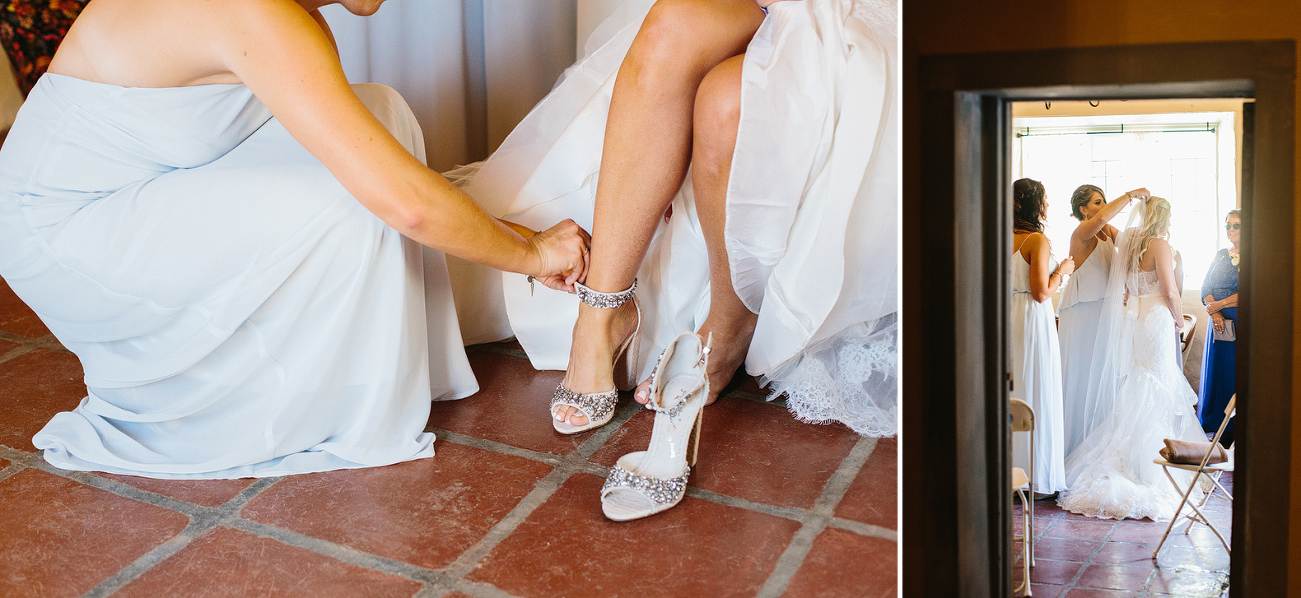 Liz putting on her shoes and veil. 