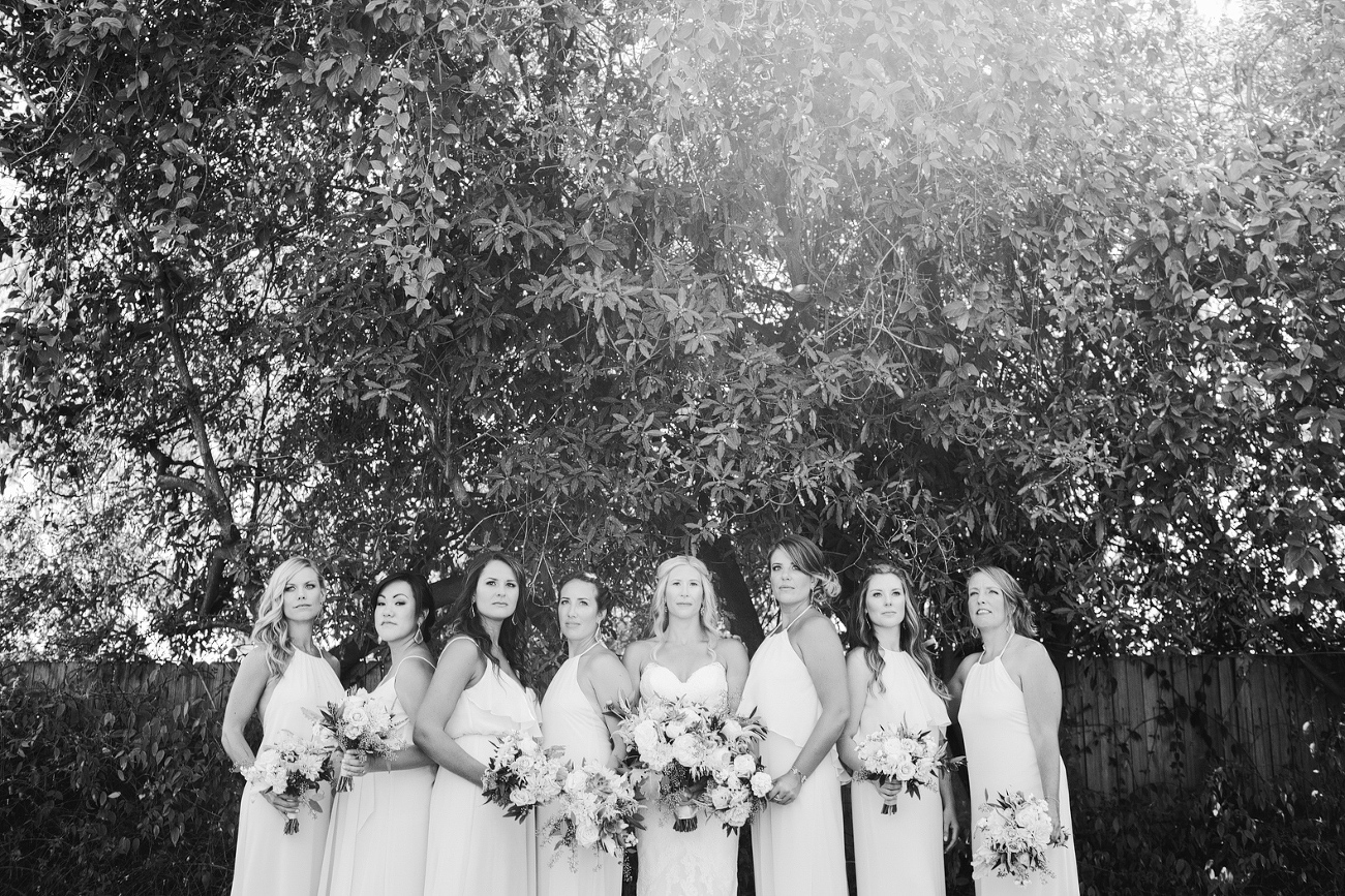 A black and white photo of the bride and bridesmaids. 