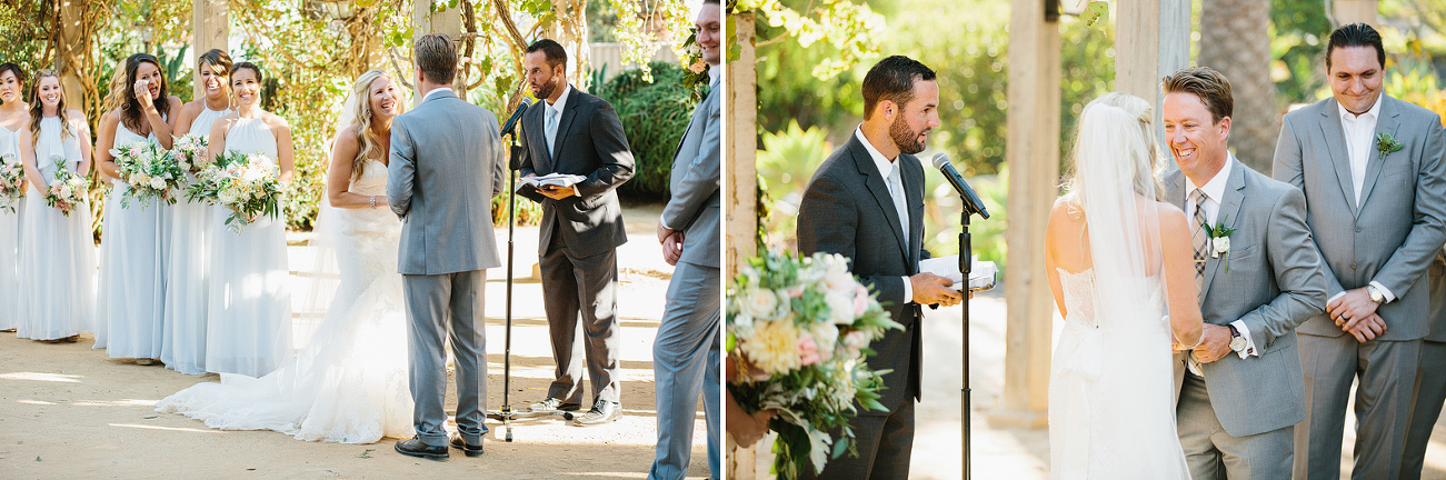 The bride and groom laughing during the ceremony. 