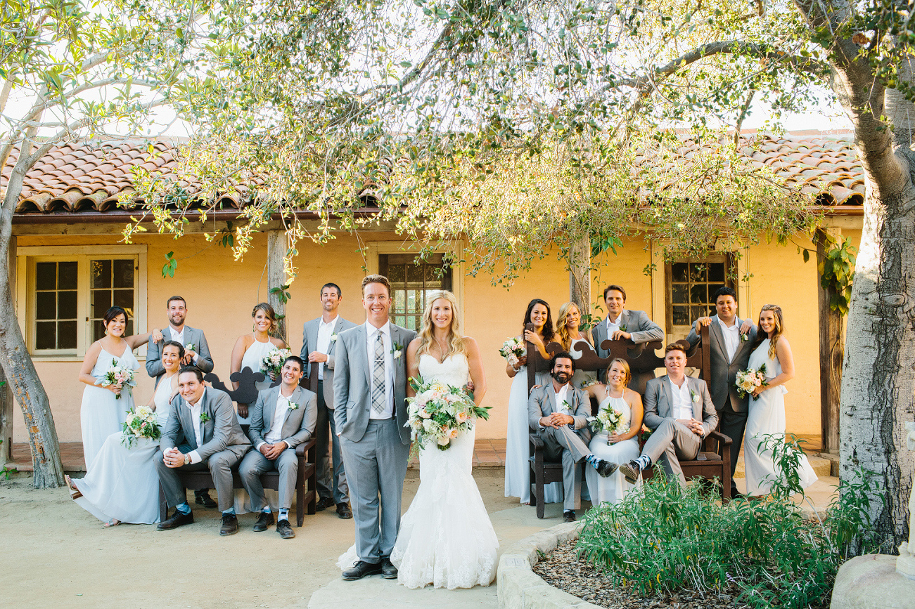 The full wedding party at the Santa Barbara Historical Museum. 