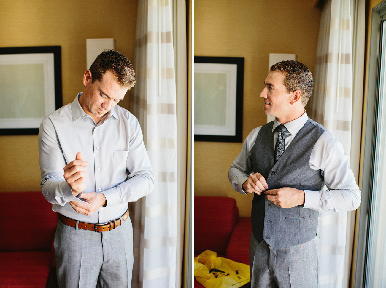 The groom getting dressed. 