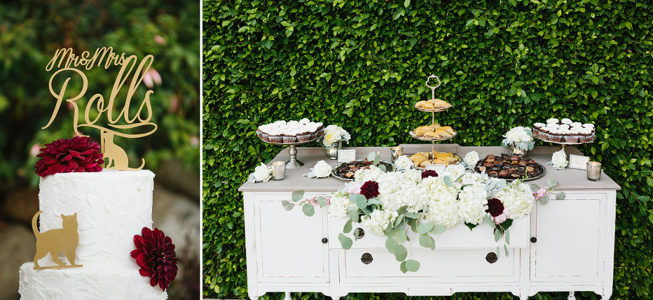 The dessert bar and wedding cake. 