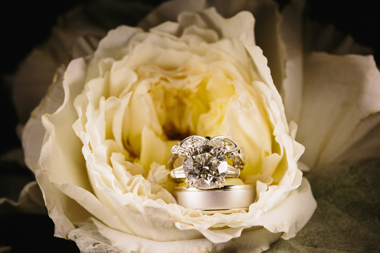 The wedding rings in a flower. 