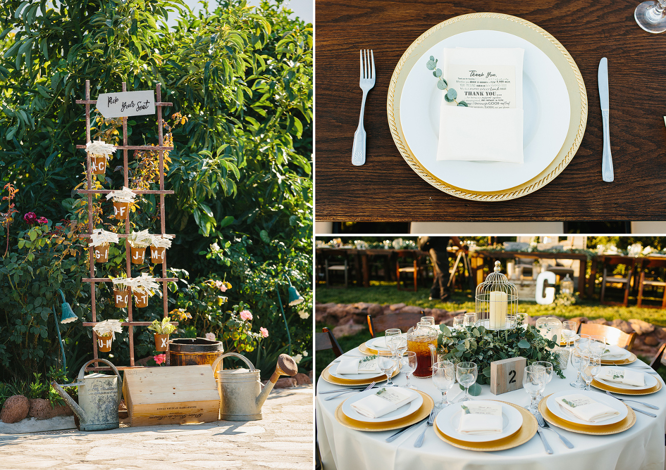 Photos of the escort card display and table settings. 