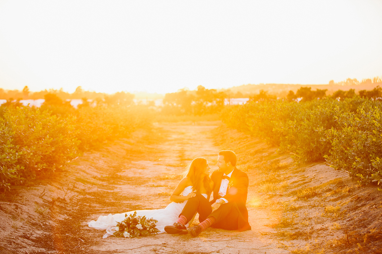 A sunset photo of the bride and groom. 