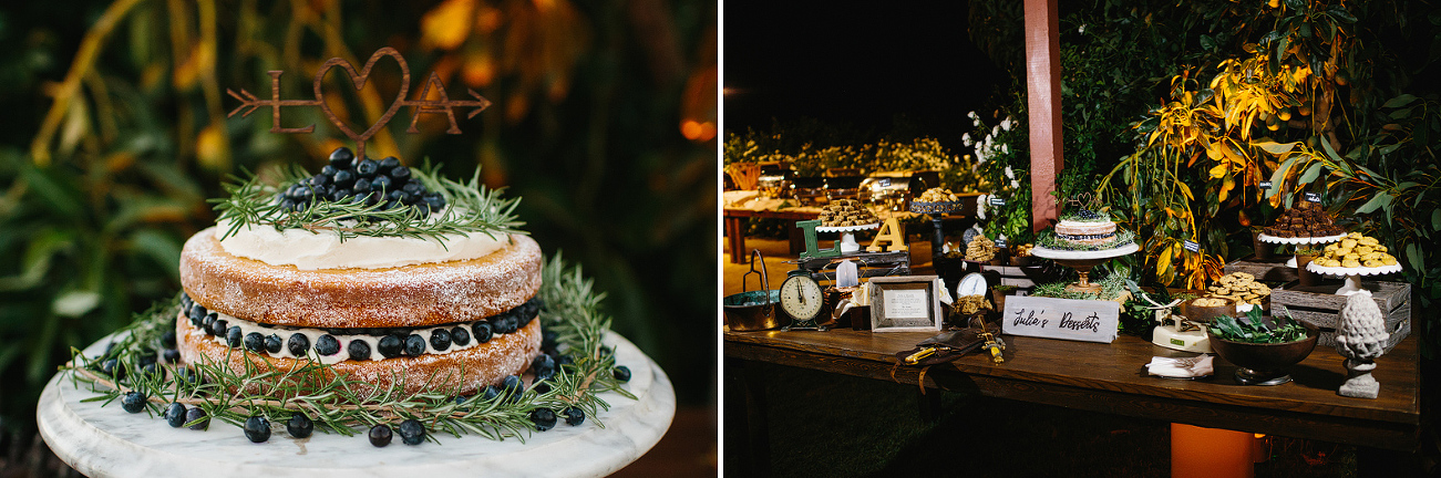The wedding cake and dessert bar. 