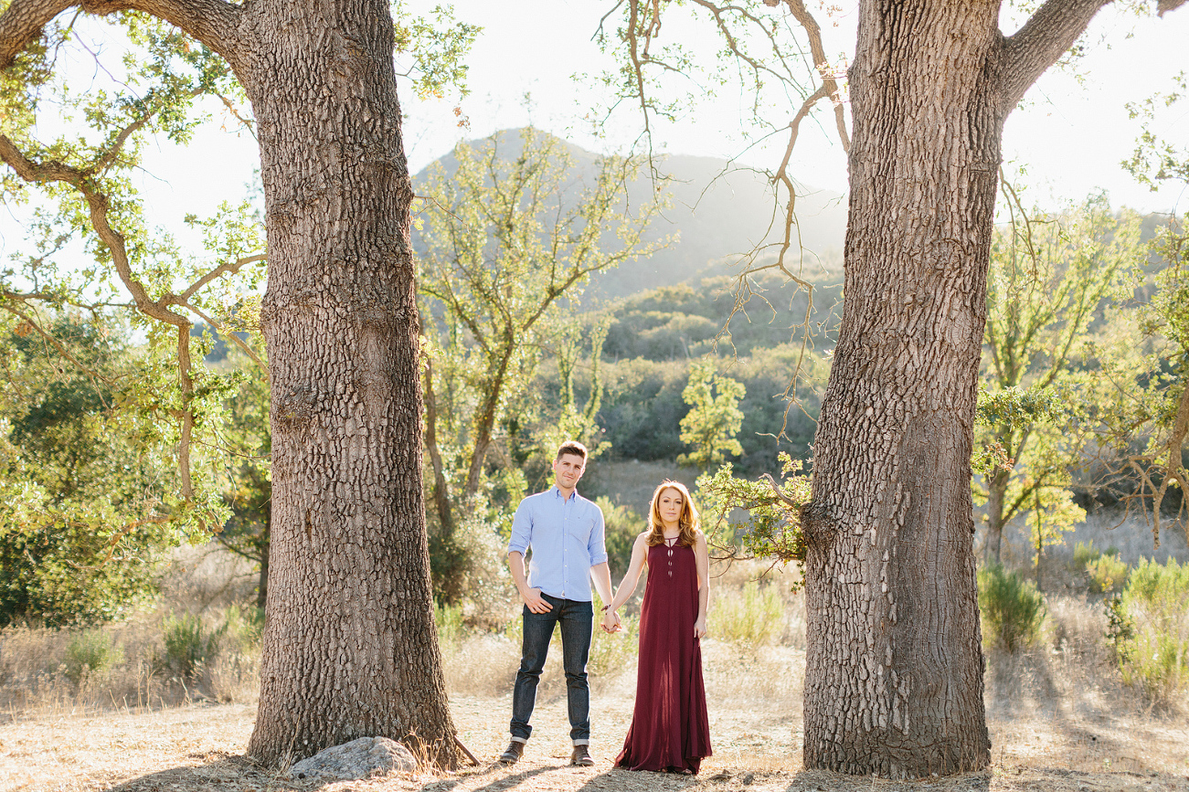 The couple standing between two large trees. 