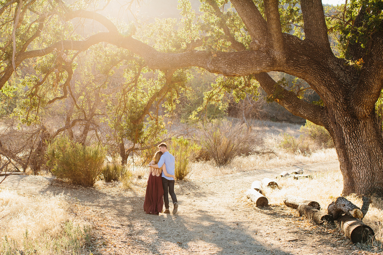 The couple walking under a large tree. 