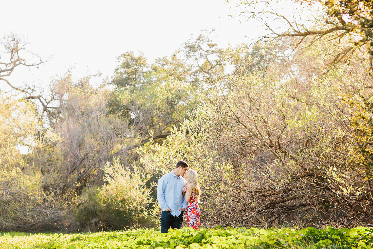 The couple in front of large trees. 