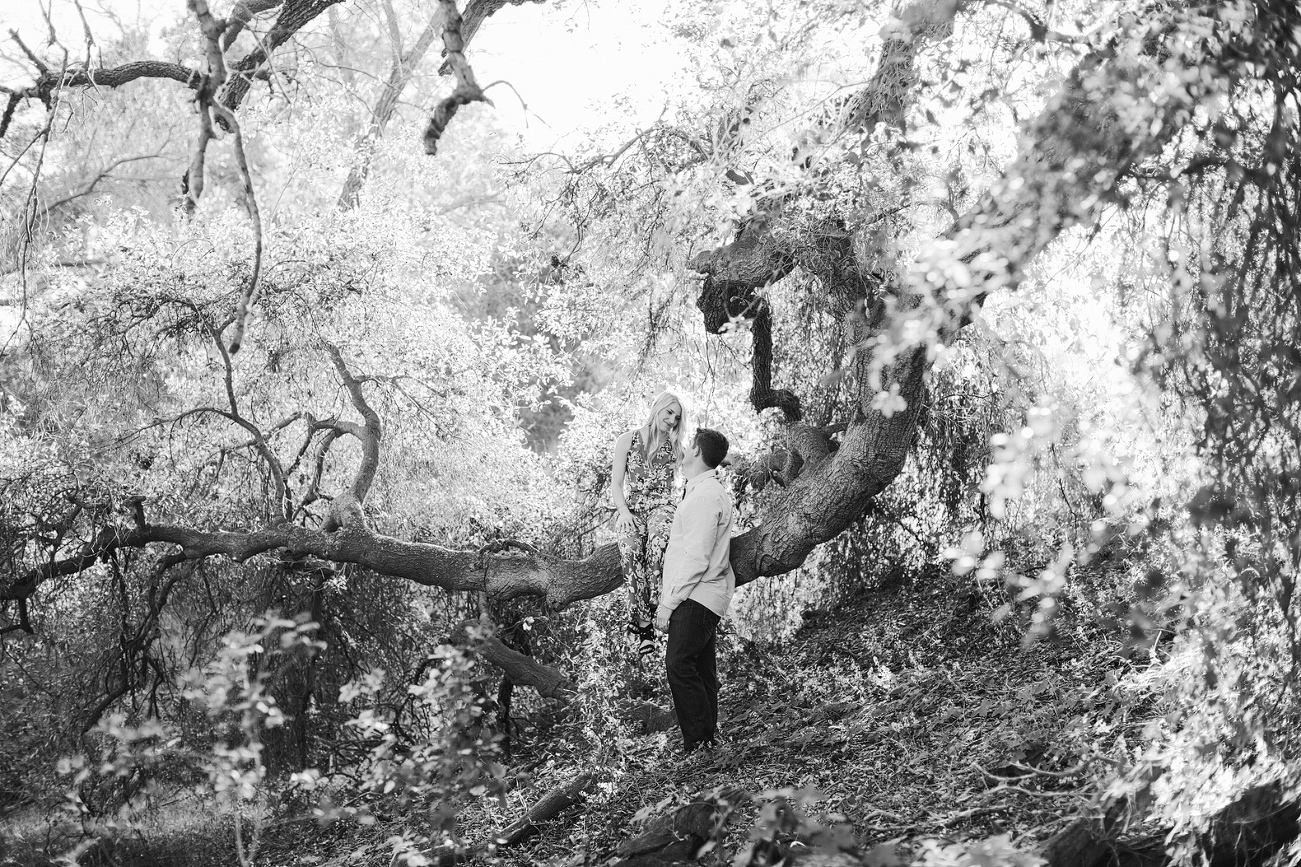A black and white photo of the couple in the trees. 