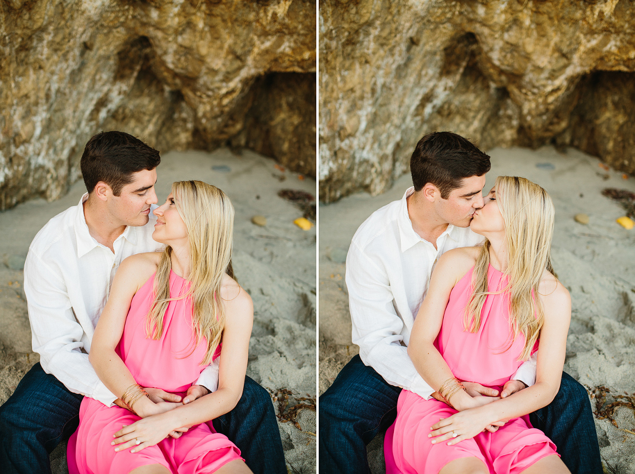 The couple sitting on the sand. 