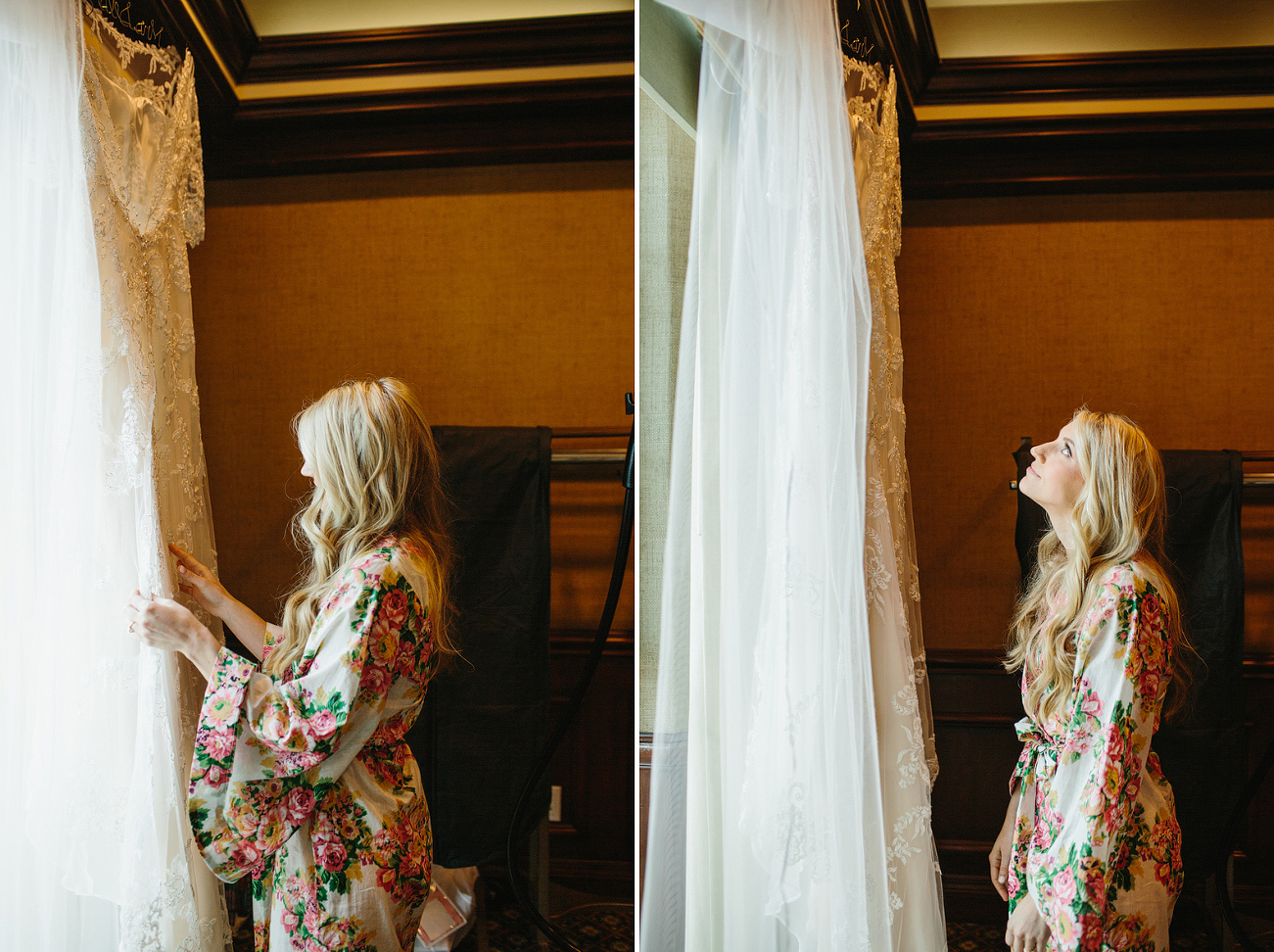 A beautiful photo of the bride looking at her wedding dress. 