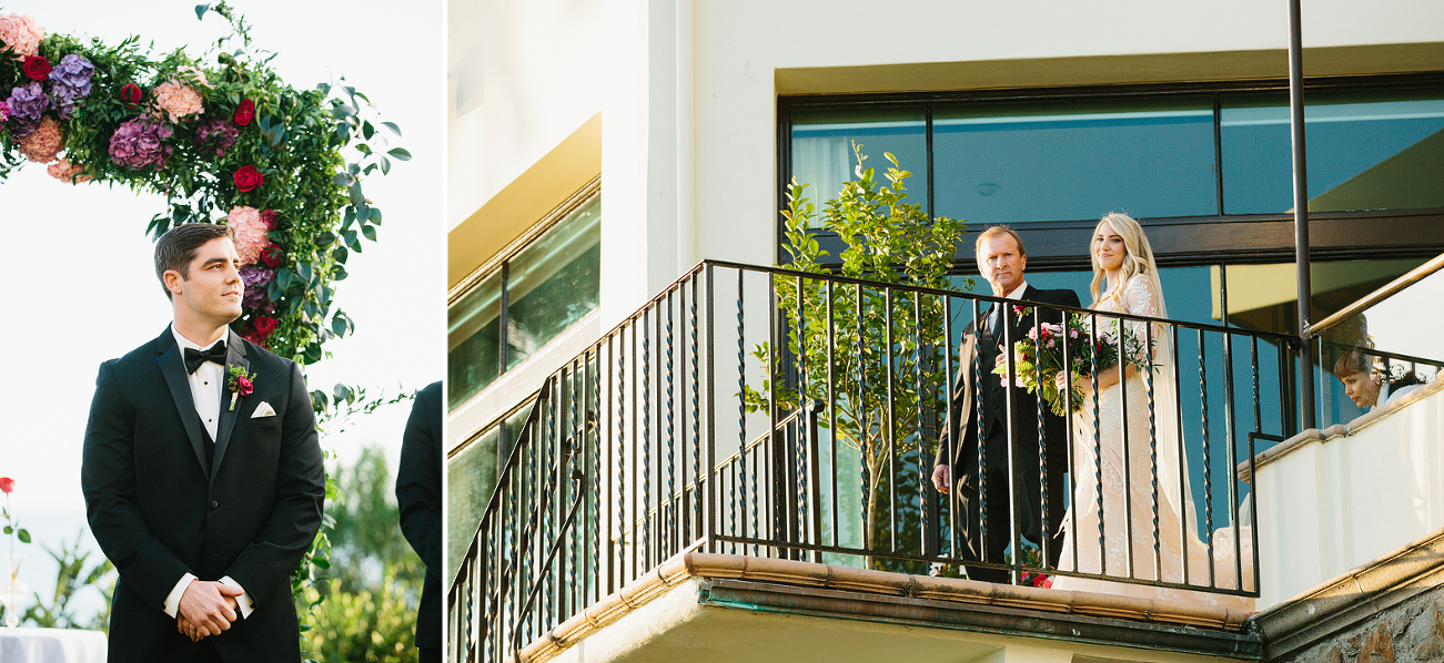 The groom watching the bride walk down the aisle. 