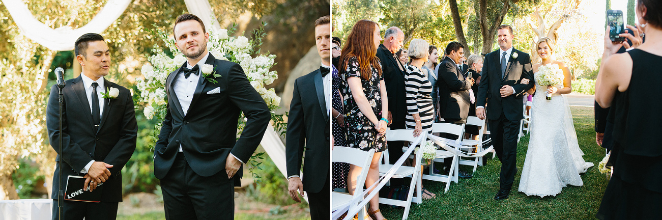 The groom crying as the bride walks down the aisle. 