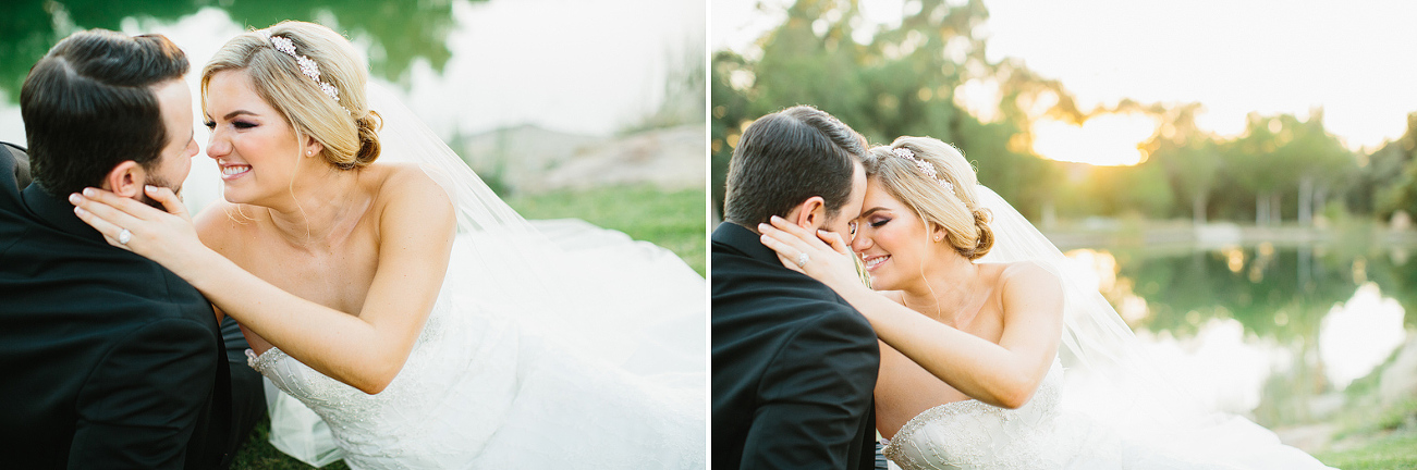 The bride and groom sitting on the grass. 