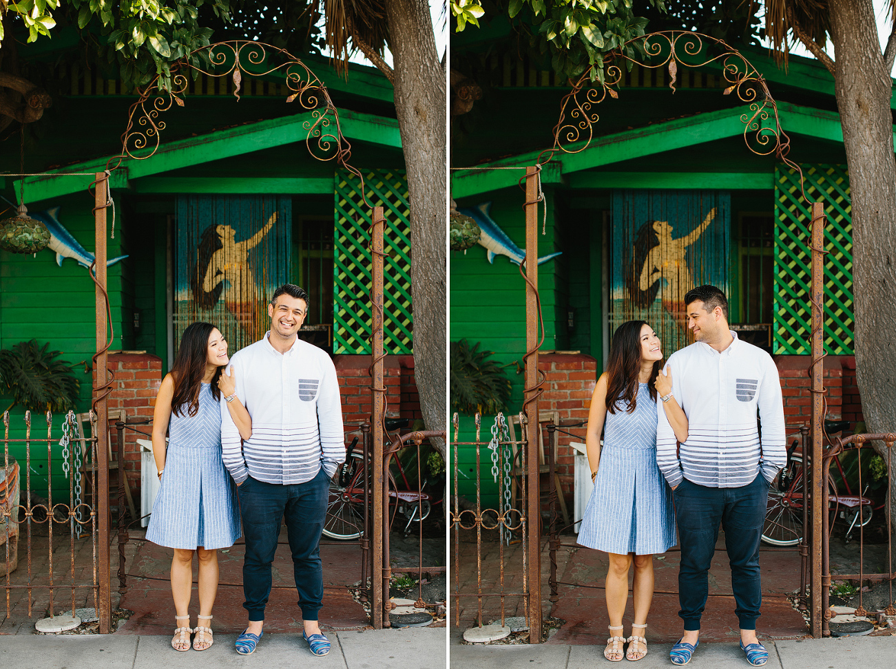 The couple standing under an arch. 