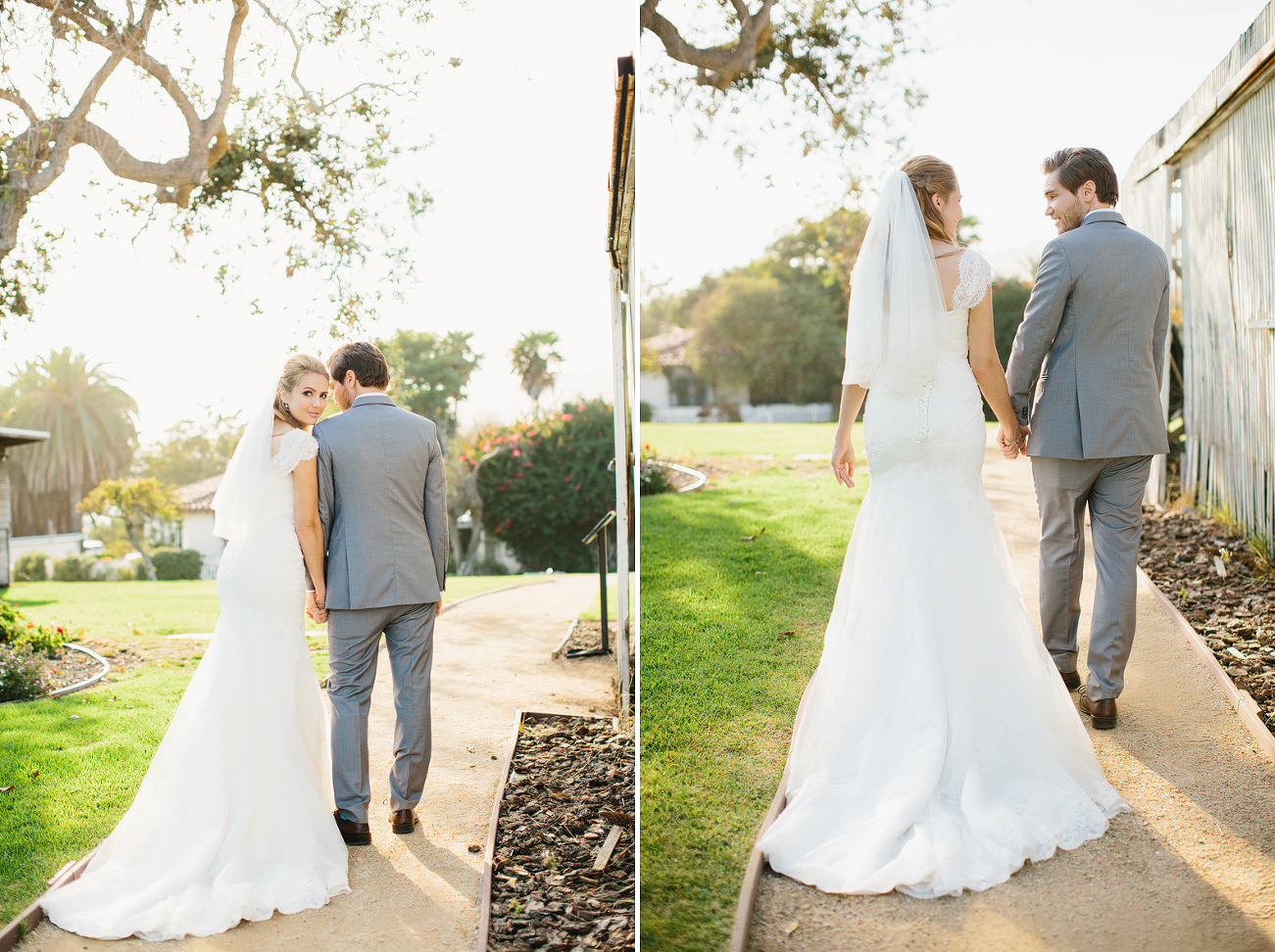 The bride and groom walking together. 